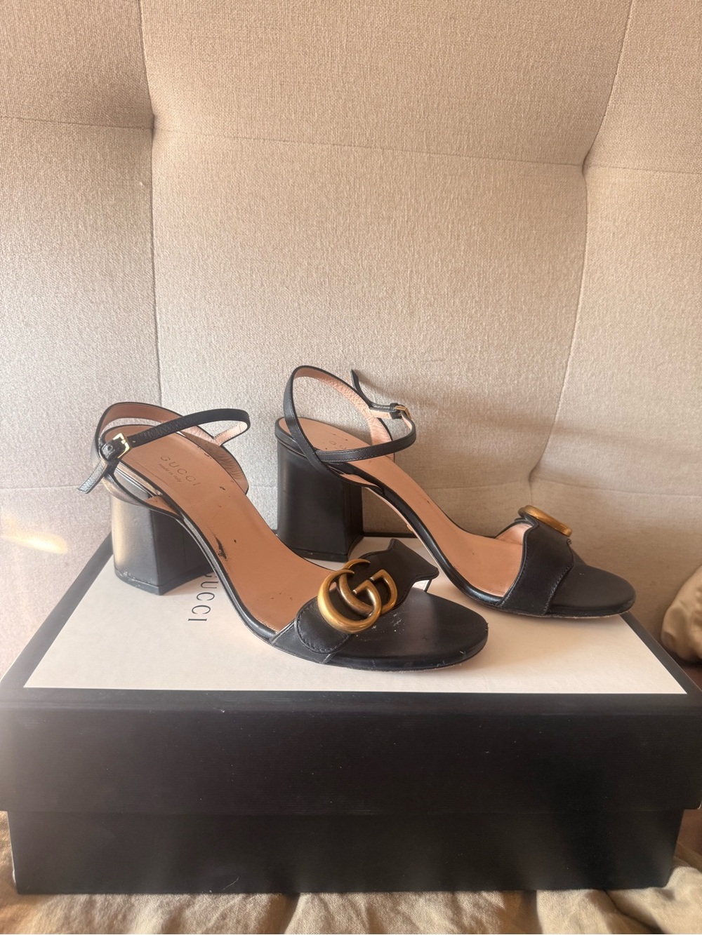 Authentic Gucci Black Leather Marmont Ankle Strap Block Heels
